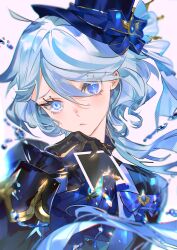 Rule 34 | 1girl, absurdres, ascot, black gloves, black jacket, blue ascot, blue bow, blue eyes, blue gemstone, blue hair, blue hat, bow, card, closed mouth, collared jacket, eyelashes, furina (genshin impact), gem, genshin impact, gloves, hair between eyes, hand up, hat, hat bow, heterochromia, highres, holding, holding card, jacket, long sleeves, looking at viewer, magnolia29, mismatched pupils, short hair, simple background, solo, top hat, upper body, water, water drop, white background