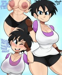 Rule 34 | 1girl, black hair, black shorts, blue eyes, bmayyne, breasts, clothes, dragon ball, english text, highres, huge breasts, large areolae, looking at viewer, muscular, muscular female, nipples, one eye closed, open clothes, open mouth, short hair, shorts, smile, solo, sweat, videl