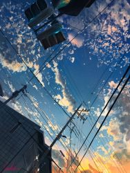 Rule 34 | absurdres, banishment, building, city, cloud, cloudy sky, commentary, dark, dutch angle, highres, huge filesize, no humans, original, outdoors, power lines, scenery, signature, sky, sunset, texture, traffic light, utility pole