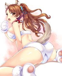 Rule 34 | 10s, 1girl, absurdres, animal ears, animal hands, ass, beatrix (granblue fantasy), breasts, brown hair, cameltoe, collar, dog ears, dog tail, eyes visible through hair, from behind, gloves, granblue fantasy, hair ornament, highres, hinata sora, large breasts, long hair, looking at viewer, open mouth, paw gloves, paw shoes, ponytail, shoes, sitting, solo, spiked collar, spikes, spread legs, tail, wariza