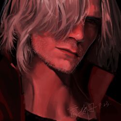 Rule 34 | absurdres, beard, close-up, closed mouth, devil may cry (series), devil may cry 5, facial hair, hair over one eye, highres, long hair, male focus, monochrome, nose, photorealistic, realistic, solo, spot color, white hair, yingyuzi010523