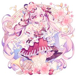Rule 34 | 1girl, cherry, cherry blossoms, cherry hair ornament, commentary, cropped legs, detached sleeves, feet out of frame, fingerless gloves, flower, food, food-themed hair ornament, french horn, frills, fruit, gloves, hair flower, hair ornament, hatsune miku, hyou (pixiv3677917), instrument, layered skirt, long hair, musical note, piano keys, piano print, pink eyes, pink flower, pink hair, pink theme, sakura miku, skirt, skirt hold, smile, solo, symbol-only commentary, twintails, vocaloid, white background
