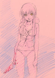 Rule 34 | 1girl, akasaka mitsuki, blood, bottomless, bow, bow bra, bow panties, bra, cleaver, crazy eyes, double cast, knife, lace, lace-trimmed bra, lace trim, lingerie, monochrome, open clothes, open shirt, panties, pink theme, shirt, solo, spot color, underwear, yellow eyes