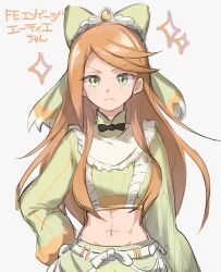 Rule 34 | 1girl, abs, black bow, black bowtie, bow, bowtie, closed mouth, etie (fire emblem), facing viewer, fire emblem, fire emblem engage, green bow, green eyes, haruaki 023, long hair, looking at viewer, midriff, nintendo, orange hair, solo, swept bangs