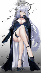 Rule 34 | 1girl, absurdres, ahoge, animal ear fluff, animal ears, bad id, bad pixiv id, bare legs, black dress, black footwear, black gloves, black halo, blue archive, blue eyes, breasts, broken halo, chair, choker, collarbone, cross hair ornament, crossed legs, dark halo, doodle sensei (blue archive), dress, earrings, extra ears, feet, full body, gloves, hair ornament, halo, high heels, highres, jewelry, large breasts, long dress, looking at viewer, mismatched pupils, sensei (blue archive), shiroko (blue archive), shiroko terror (blue archive), sitting, solo, srpzk, stud earrings, thigh strap, two-sided dress, two-sided fabric, white hair, wolf ears