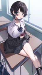 Rule 34 | 1girl, absurdres, ankle socks, aqua eyes, black hair, black nails, black skirt, black socks, blue bow, blue bowtie, blush, bow, bowtie, breasts, classroom, collar, collarbone, collared shirt, crossed legs, desk, from above, highres, jacket, jewelry, looking at viewer, nail polish, necklace, open clothes, open jacket, open mouth, original, pleated skirt, rama (yu-light8), school desk, school uniform, shirt, short hair, sitting, skirt, small breasts, socks, solo, thighs, white shirt