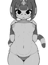 Rule 34 | 1girl, :&lt;, animal crossing, animal ears, ankha (animal crossing), black eyes, blunt bangs, body fur, breasts, cat ears, cat girl, cat tail, closed mouth, clothes lift, female focus, furry, furry female, gatotorii, greyscale, hair ornament, highres, legs together, lifting own clothes, looking at viewer, medium breasts, monochrome, navel, nintendo, nipples, no bra, panties, shirt lift, short hair, simple background, snake hair ornament, solo, standing, stomach, striped tail, tail, underwear, white background