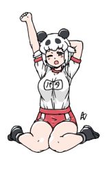 Rule 34 | 1girl, acesrulez, alternate costume, animal ears, black footwear, black hair, blue eyes, blush, boots, commentary request, giant pangolin (kemono friends), gym shorts, gym uniform, kemono friends, multicolored hair, name tag, one eye closed, open mouth, panda ears, panda girl, red shorts, shirt, short hair, short sleeves, shorts, sitting, solo, stretching, t-shirt, translation request, two-tone hair, white hair, white shirt