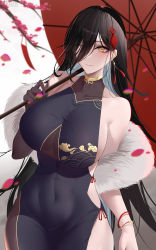 Rule 34 | 1girl, absurdres, alternate costume, azur lane, bare shoulders, black dress, black gloves, black hair, bracelet, breasts, china dress, chinese clothes, closed mouth, collarbone, covered navel, dress, earrings, elbow gloves, falling petals, friedrich der grosse (azur lane), fur scarf, gloves, hair between eyes, hair ornament, hair over one eye, highres, holding, holding umbrella, jewelry, large breasts, larger bmx, long bangs, long hair, looking at viewer, no horns, one eye closed, petals, revision, side-tie dress, single elbow glove, smile, solo, tassel, tassel earrings, umbrella, very long hair, yellow eyes