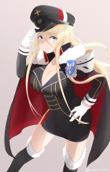 Rule 34 | 1girl, absurdres, azur lane, bismarck (azur lane), black hat, black thighhighs, blonde hair, blue eyes, boots, breasts, cape, cleavage, coat, cowboy shot, dress, fur-trimmed boots, fur trim, gloves, grey background, hair between eyes, hand on headwear, hand on own hip, hat, highres, himono hinata, large breasts, long hair, long sleeves, looking at viewer, military, military hat, military uniform, purple background, short dress, sidelocks, simple background, solo, straight hair, thigh boots, thighhighs, thighs, twitter username, uniform, white gloves