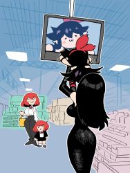 Rule 34 | 1boy, 3girls, :&gt;, :3, ?, black dress, black hair, black jacket, black pants, black shorts, blue background, blush stickers, breasts, carla carmilla (rariatto), chibi, closed mouth, collared shirt, commentary, crossed arms, dolk carmilla, dress, english commentary, closed eyes, fangs, fingernails, food, from side, grey footwear, highres, ice cream, jacket, jaggy lines, laughing, long fingernails, long hair, looking at another, looking at viewer, meme, mother and son, multicolored hair, multiple girls, neck ribbon, noss (rariatto), notice lines, open mouth, original, pants, rariatto (ganguri), red hair, red ribbon, revision, ribbon, shirt, shoes, shorts, sketch, smile, smug, socks, speech bubble, streaked hair, striped, supermarket, television, v-shaped eyebrows, vampire, white hair, white shirt, zakuro (rariatto)