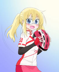 Rule 34 | 10s, 1girl, :d, bicycle helmet, bike jersey, blonde hair, blue background, blue eyes, blush, fang, fingerless gloves, glasses, gloves, goggles, hair between eyes, helmet, highres, layered sleeves, long hair, long riders!, long sleeves, looking at viewer, open mouth, red gloves, saijou hinako, short over long sleeves, short sleeves, simple background, smile, solo, sweat, tokidome zamao, twintails