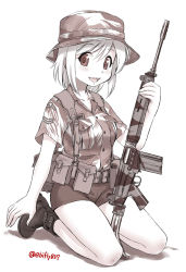 Rule 34 | 1girl, :d, ankle boots, battle rifle, belt, boots, brown theme, camouflage, camouflage shirt, ebifly, fn fal, gun, hat, highres, holding, holding gun, holding weapon, kneeling, looking at viewer, monochrome, open mouth, original, pouch, rhodesia, rifle, shirt, short hair, short sleeves, shorts, simple background, smile, solo, twitter username, weapon, white background