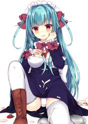 Rule 34 | 1girl, blue hair, boots, bow, breasts, brown footwear, commentary request, food, food on body, food on breasts, food on clothes, food on hand, fruit, hair bow, hand up, knee up, long hair, long sleeves, maid, maid headdress, maki soutoki, medium breasts, messy, original, panties, parted lips, red bow, red eyes, simple background, sitting, sleeves past wrists, solo, spill, strawberry, thighhighs, tray, two side up, underwear, very long hair, wavy mouth, white background, white panties, white thighhighs