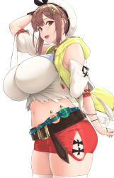 Rule 34 | 1girl, atelier (series), atelier ryza, atelier ryza 1, bare shoulders, belt, beret, black ribbon, blush, breasts, brown eyes, brown gloves, brown hair, camisole, detached sleeves, flask, gloves, hair ornament, hairclip, hat, highres, huge breasts, kemigawa mondo, looking at viewer, open clothes, open mouth, open vest, red shorts, reisalin stout, ribbon, round-bottom flask, short hair, short shorts, shorts, single glove, smile, solo, thighhighs, thighs, vest, white camisole, white hat, white thighhighs, yellow vest