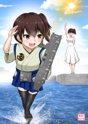 Rule 34 | 10s, 2girls, badge, blue hakama, breasts, brown eyes, brown hair, button badge, comic, commentary request, dock, dress, flight deck, hakama, hakama skirt, handkerchief, highres, japanese clothes, kaga (jmsdf), kaga (kancolle), kantai collection, large breasts, lens flare, multiple girls, ocean, open mouth, rigging, salute, shoes, short sleeves, side ponytail, skirt, smile, standing, standing on liquid, sun, thighhighs, waving, white dress, wide sleeves, yano toshinori
