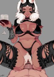Rule 34 | 1girl, alcohol, animal ears, assertive female, bar censor, bikini, bikini bottom aside, bracer, breasts, breasts apart, censored, choker, clothing aside, cowgirl position, cup, dark-skinned female, dark skin, drinking glass, ears through headwear, female pubic hair, final fantasy, final fantasy xii, fingernails, fran (ff12), girl on top, grey background, hand up, helmet, highleg, highleg bikini, highres, holding, holding cup, large breasts, lips, long fingernails, long hair, looking at viewer, navel, orange eyes, paid reward available, parted lips, penis, pov, pubic hair, rabbit ears, revealing clothes, sex, simple background, smile, solo focus, spooki, spread legs, square enix, stomach, straddling, swimsuit, thighhighs, vaginal, viera, white pubic hair, white thighhighs, wine, wine glass