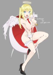 Rule 34 | angel, angel wings, blonde hair, blue eyes, chair, coin, detached collar, halo, highres, bridal garter, lower teeth only, naked necktie, necktie, nude, red necktie, saitou kengo, sitting, solo, teeth, thighhighs, twintails, two side up, wings, wrist cuffs