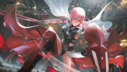 Rule 34 | 1girl, absurdres, armor, armored leotard, blue eyes, boobplate, breastplate, cape, commission, final fantasy, final fantasy xiii, gloves, highres, horns, lightning farron, lightning returns: final fantasy xiii, monster, paul nong, petals, pink hair, serious, shield, solo focus, sword, thighhighs, weapon