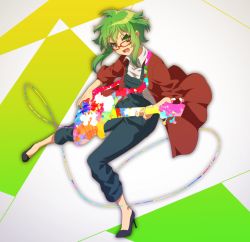 Rule 34 | 1girl, bass guitar, black footwear, cable, collared shirt, full body, glasses, green eyes, green hair, gumi, high heels, holding, holding instrument, instrument, jacket, looking at viewer, matsuda toki, music, open clothes, open jacket, open mouth, overalls, playing instrument, red-framed eyewear, red jacket, shirt, short hair, sidelocks, solo, v-shaped eyebrows, vocaloid, white shirt, wing collar