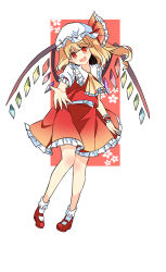Rule 34 | 1girl, blonde hair, crystal, flandre scarlet, floral background, hair between eyes, hand up, hat, haya taro pochi, looking at viewer, open mouth, ponytail, red eyes, red footwear, red ribbon, red skirt, ribbon, shoes, short hair, short sleeves, simple background, skirt, sleeveless, smile, solo, touhou, wet, wet clothes, white sleeves, wings, yellow neckwear