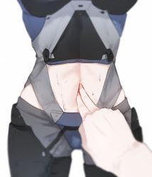 Rule 34 | 1girl, ak-15 (girls&#039; frontline), ankodesoy, breasts, close-up, clothing cutout, commentary, english commentary, girls&#039; frontline, medium breasts, midriff, navel, navel cutout, navel fingering, poking, pov, pov hands, simple background, sweat, white background