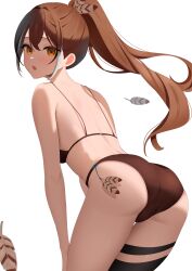 1girl absurdres ass ass_focus bikini black_hair brown_bikini brown_eyes brown_hair feather_hair_ornament feathers hair_ornament highres hololive hololive_english layunaart leaning_forward light_blush long_hair looking_at_viewer looking_back multicolored_hair nanashi_mumei open_mouth ponytail simple_background single_thighhigh solo swimsuit thighhighs virtual_youtuber white_background white_hair