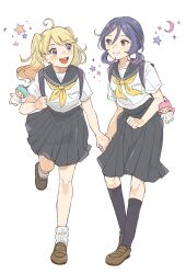 Rule 34 | 2girls, :d, ahoge, backpack, bag, black socks, blonde hair, brown footwear, closed mouth, commentary, crescent, eye contact, full body, grey sailor collar, grey skirt, hair ornament, hairclip, highres, holding hands, charm (object), kneehighs, little twin stars, loafers, long hair, looking at another, loose socks, low twintails, multiple girls, neckerchief, open mouth, original, pleated skirt, purple hair, sailor collar, sanrio, school uniform, serafuku, shoes, short sleeves, skirt, smile, socks, standing, star (symbol), symbol-only commentary, teeth, twintails, upper teeth only, white background, white socks, yellow neckerchief, yureru 300