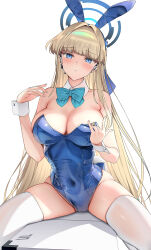 Rule 34 | 1girl, animal ears, asahina hikage, bare shoulders, blonde hair, blue archive, blue eyes, blue leotard, breasts, briefcase, cleavage, closed mouth, detached collar, earpiece, fake animal ears, fake tail, hair ribbon, highleg, highleg leotard, highres, large breasts, leotard, long hair, looking at viewer, official alternate costume, playboy bunny, rabbit ears, rabbit tail, ribbon, sitting, solo, strapless, strapless leotard, tail, thighhighs, toki (blue archive), toki (bunny) (blue archive), very long hair, white thighhighs, wrist cuffs