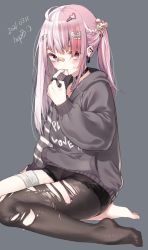 1girl, ahoge, bandaid, bandaid on nose, bangs, barefoot, black choker, black legwear, black shorts, blood, blood from mouth, braid, brown hair, bruise, bruise on face, chains, choker, closed mouth, commentary, dated, eyebrows behind hair, finger to mouth, grey background, grey hoodie, hair ornament, hairclip, heart, heart hair ornament, highres, hood, hood down, hoodie, hop3, injury, long hair, long sleeves, looking at viewer, multicolored hair, no shoes, original, puffy long sleeves, puffy sleeves, red eyes, short shorts, shorts, signature, simple background, single leg pantyhose, sitting, solo, torn clothes, torn legwear, twintails, two-tone hair, wariza, white hair