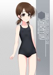 Rule 34 | 1girl, artist name, black one-piece swimsuit, black school swimsuit, brown eyes, brown hair, character name, checkered background, commentary request, cowboy shot, flat chest, gradient background, grey background, highres, inaba shiki, kantai collection, looking at viewer, low twintails, new school swimsuit, one-hour drawing challenge, one-piece swimsuit, parted bangs, school swimsuit, shirayuki (kancolle), short hair, short twintails, solo, swimsuit, twintails