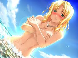 Rule 34 | 1girl, blonde hair, blush, bomi, breasts, censored, cloud, collarbone, convenient censoring, covering breasts, covering privates, dutch angle, embarrassed, enomoto madoka, female focus, green eyes, heart, heart necklace, jewelry, lens flare, looking at viewer, navel, necklace, nude, nude cover, ocean, partially submerged, shy, sim love ~hitonatsu no kiseki~, sky, solo, source request, upper body, water, wet