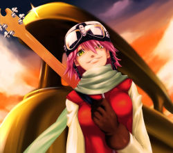 Rule 34 | 00s, 1girl, bad id, bad pixiv id, bass guitar, cloud, dhiabeibi, flcl, gloves, goggles, goggles on head, green eyes, haruhara haruko, instrument, looking at viewer, pink hair, scarf, short hair, sky, smile, solo, yellow eyes