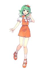 Rule 34 | 1girl, a.i. voice, ankle socks, arm at side, black choker, bow, bow headband, buttons, choker, collar, eyebrows hidden by hair, frilled sleeves, frills, full body, green eyes, green hair, gumi, gumi (a.i. voice), hand up, headband, highres, nou (nounknown), official art, open mouth, orange bow, orange footwear, orange headband, orange skirt, orange vest, pendant choker, puffy short sleeves, puffy sleeves, short hair with long locks, short sleeves, skirt, smile, socks, solo, standing, standing on one leg, tachi-e, teeth, transparent background, upper teeth only, vest, vocaloid, white bow, white socks