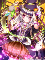 Rule 34 | 1girl, hair ornament, hairclip, halloween, hat, holding, long hair, looking at viewer, official art, original, pumpkin pants, purple eyes, seiten ragnarok, shitou, silver hair, smile, solo, wand, witch hat