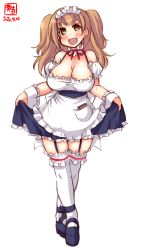 Rule 34 | 1girl, alternate costume, apron, artist logo, black dress, black footwear, blush, breasts, brown eyes, cleavage, dated, detached collar, detached sleeves, dress, enmaided, frilled apron, frilled dress, frills, full body, garter straps, hair between eyes, highres, i-26 (kancolle), kanon (kurogane knights), kantai collection, large breasts, light brown hair, long hair, maid, maid apron, maid headdress, notebook, open mouth, puffy sleeves, short sleeves, signature, simple background, skirt hold, solo, thighhighs, two side up, waitress, white apron, white background, white thighhighs, wrist cuffs