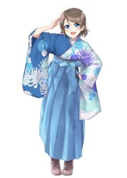 Rule 34 | 1girl, :d, blue eyes, blue hakama, blue kimono, boots, cross-laced footwear, floral print, full body, grey hair, hakama, hakama skirt, hand on own hip, highres, japanese clothes, kimono, lace-up boots, long sleeves, looking at viewer, love live!, love live! school idol festival, love live! sunshine!!, meiji schoolgirl uniform, open mouth, round teeth, salute, short hair, simple background, skirt, smile, solo, standing, suke (momijigari), teeth, upper teeth only, watanabe you, white background, wide sleeves