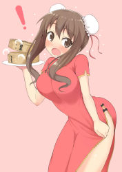 Rule 34 | !, 1girl, blush, breasts, brown eyes, brown hair, bun cover, carrying, china dress, chinese clothes, coupe50, double bun, dress, hair bun, hair up, large breasts, long hair, looking at viewer, matsumoto yoriko, open mouth, qipao dress, side slit, simple background, solo, sweat, wavy hair, wavy mouth, yuyushiki