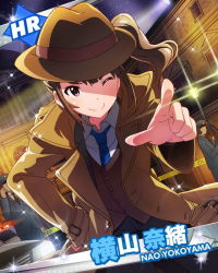 Rule 34 | &gt;;), 10s, 1girl, ;), brown hair, car, character name, coat, hat, idolmaster, idolmaster million live!, looking at viewer, motor vehicle, necktie, official art, one eye closed, pointing, police, police car, purple eyes, side ponytail, smile, solo, trench coat, v-shaped eyebrows, vehicle, yokoyama nao