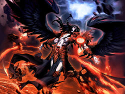 Rule 34 | 1boy, arm blade, armor, bird wings, black hair, black wings, commentary, destruction, english commentary, fallen angel, fire, genzoman, long hair, lucifer (mythology), male focus, original, pale skin, red armor, red eyes, tagme, the bible, weapon, wings
