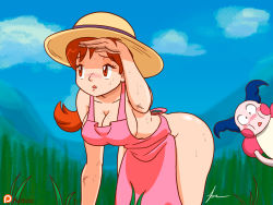 Rule 34 | 1990s (style), 1boy, 1girl, apron, artist name, ass, bent over, breasts, cleavage, creatures (company), delia ketchum, furboz, game freak, gen 1 pokemon, hat, highres, looking at ass, medium breasts, mr. mime, naked apron, nintendo, pokemon, pokemon (anime), pokemon (classic anime), retro artstyle, sky, sun hat, sweat, sweatdrop