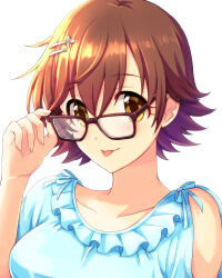 Rule 34 | 1girl, absurdres, adjusting eyewear, bespectacled, blue shirt, blush, breasts, brown-framed eyewear, brown eyes, brown hair, collarbone, dot nose, frilled shirt, frills, glasses, hair ornament, hairclip, hand up, highres, honda mio, idolmaster, idolmaster cinderella girls, idolmaster cinderella girls starlight stage, looking at viewer, medium breasts, popon ta, portrait, shirt, short hair, simple background, single sleeve, smile, solo, tongue, tongue out, white background