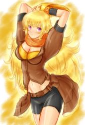 Rule 34 | 1girl, ahoge, belt, black gloves, black shorts, blonde hair, blush, breasts, brown belt, brown top, catwithabrush, female focus, gauntlets, gloves, large breasts, long hair, looking at viewer, midriff, neckerchief, orange neckerchief, rwby, shorts, solo, waist cape, weapon, yang xiao long, yellow gauntlets