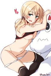 Rule 34 | 1girl, :d, anchor hair ornament, arm up, bare arms, bare shoulders, black bra, black thighhighs, blonde hair, blush, bra, bra lift, breasts, commentary request, green eyes, groin, hair between eyes, hair ornament, heart, highres, kantai collection, kapatarou, long hair, looking at viewer, low twintails, medium breasts, navel, open mouth, panties, panty pull, prinz eugen (kancolle), revision, shiny skin, simple background, smile, solo, thighhighs, twintails, twitter username, underwear, underwear only, white background, white panties