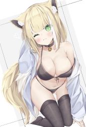 Rule 34 | 1girl, absurdres, animal ear fluff, animal ears, arm behind head, arm up, bad id, bad twitter id, bell, bikini, black bikini, black choker, black thighhighs, blonde hair, blush, breasts, choker, cleavage, closed mouth, commentary, front-tie bikini top, front-tie top, gluteal fold, green eyes, highres, jacket, jingle bell, kneeling, konagi (konotuki), large breasts, long hair, looking at viewer, multicolored hair, navel, neck bell, off shoulder, one eye closed, open clothes, open jacket, original, single bare shoulder, solo, stomach, strap slip, streaked hair, swimsuit, symbol-only commentary, tail, thighhighs, white hair, white jacket