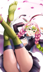 Rule 34 | 1girl, :d, absurdres, ankle ribbon, ass, bad id, bad pixiv id, belt, blush, braid, breasts, cleavage, collared shirt, gradient hair, greem bang, green eyes, green hair, green thighhighs, haori, highres, holding, holding sword, holding weapon, japanese clothes, kanroji mitsuri, katana, kimetsu no yaiba, large breasts, leg ribbon, legs up, long hair, long sleeves, looking at viewer, mole, mole under eye, multicolored hair, no shoes, open clothes, open mouth, panties, partially unbuttoned, petals, pink hair, pleated skirt, ribbon, shirt, sidelocks, skirt, smile, soles, solo, sweat, sword, thighhighs, thighs, underwear, uniform, weapon, white panties