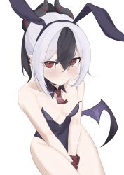 Rule 34 | 1girl, absurdres, animal ears, bare shoulders, between legs, between thighs, black hair, black leotard, blue archive, blush, breasts, cleavage, closed mouth, demon horns, demon wings, detached collar, ear piercing, earclip, fake animal ears, hair between eyes, hand between legs, highres, horns, kayoko (blue archive), leotard, looking at viewer, low wings, mole, mole on shoulder, multicolored hair, piercing, playboy bunny, ponytail, rabbit ears, red eyes, ryoya, simple background, single wing, small breasts, solo, strapless, strapless leotard, two-tone hair, white background, white hair, wings, wrist cuffs