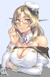 Rule 34 | 1girl, bespectacled, blonde hair, breasts, cleavage, closed mouth, detached collar, glasses, hat, headgear, highres, houston (kancolle), kantai collection, kokuzou, large breasts, long hair, long sleeves, peaked cap, smile, solo, white hat, yellow eyes