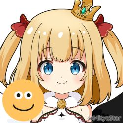 Rule 34 | 1girl, asymmetrical wings, bare shoulders, black wings, blonde hair, blue eyes, blush, bow, closed mouth, commentary request, crown, emoji, fur collar, hair bow, looking at viewer, marl (shironeko project), mini crown, mismatched wings, mitya, red bow, shironeko project, simple background, smile, solo, tilted headwear, twitter username, two side up, upper body, white background, white wings, wings