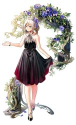 Rule 34 | 1girl, an-94 (girls&#039; frontline), an-94 (silent rouge) (girls&#039; frontline), bare shoulders, belt, black dress, black footwear, black gloves, blonde hair, blue eyes, blush, bracelet, character request, check character, closed mouth, collarbone, dress, earrings, flower, folded ponytail, full body, girls&#039; frontline, gloves, hair flower, hair ornament, halter dress, halterneck, jewelry, long hair, looking away, looking to the side, official alternate costume, outstretched hand, plant, purple flower, silence girl, single glove, skirt hold, sleeveless, sleeveless dress, solo, standing, vines